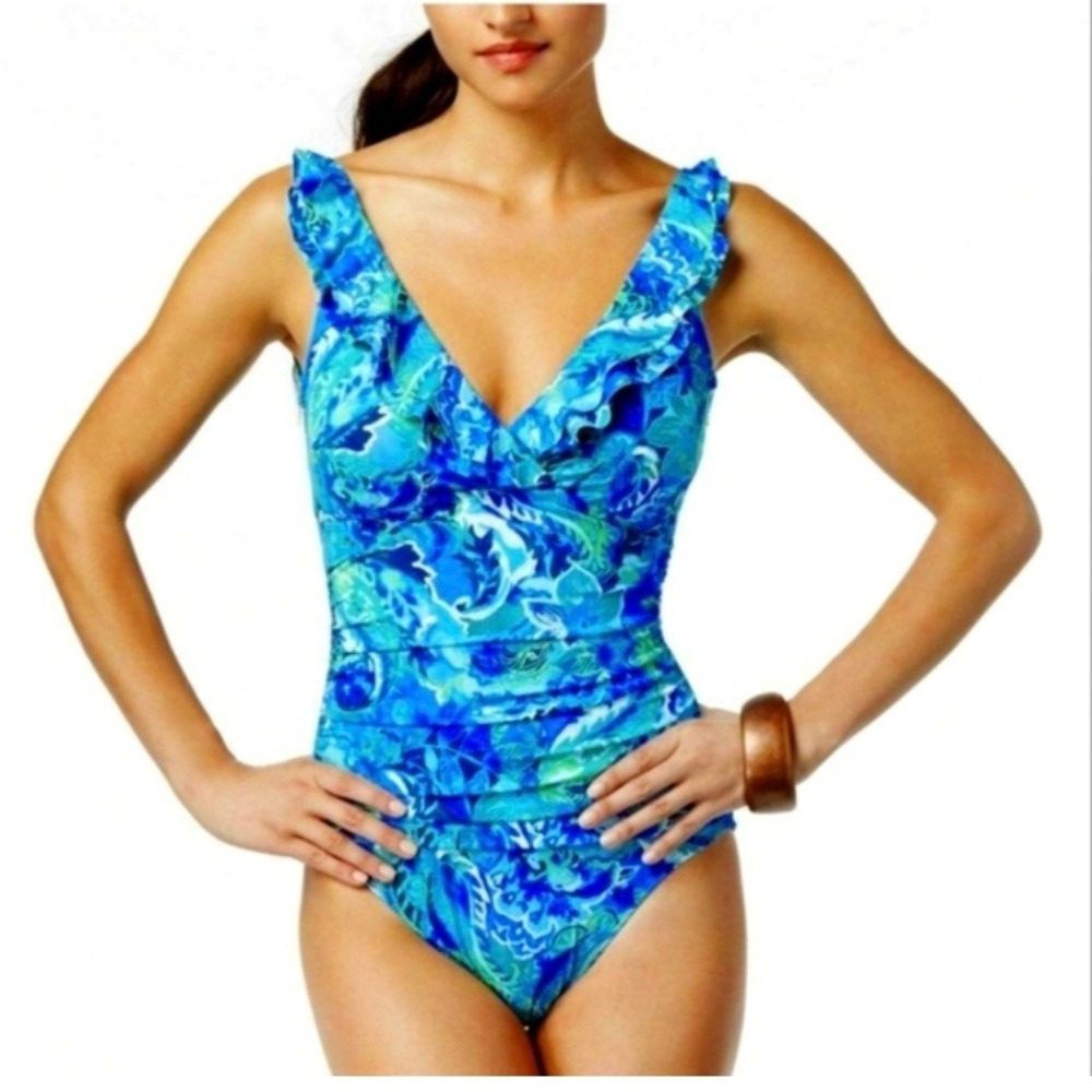 Lauren Ralph Lauren Blue Green Tropical 1 Piece Swimsuit Tummy Control Womens 10